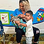 Aziel is registered to the contest to win money with this photo: child, woman, kangaroo, animal, indoor, playroom, toy, carpet, colorful, curious, pointing, seated, interaction, casual_clothing, shorts, shirt, hair, footwear, furniture, education