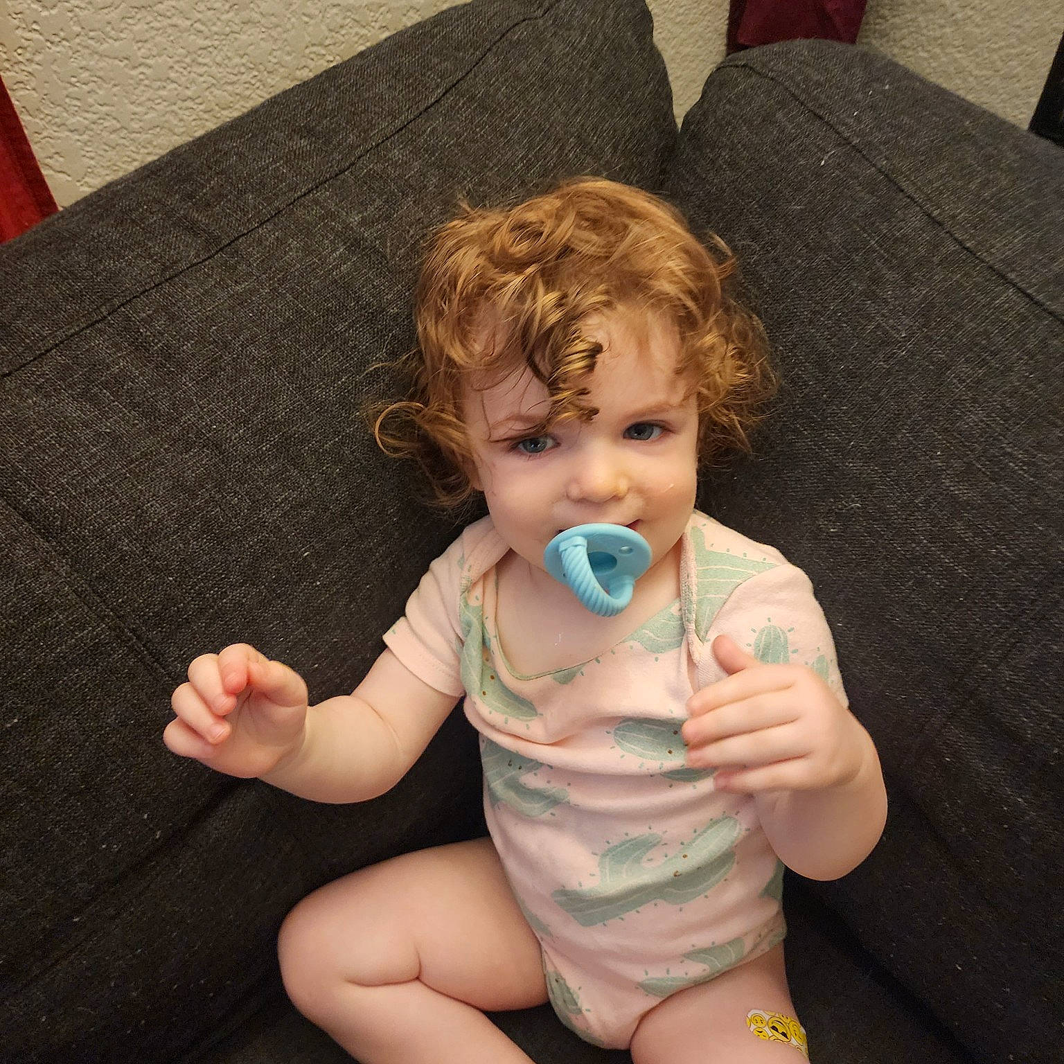 Avery joined the competition — help win amazing prizes! arm, baby, baby_toddler_clothing, cheek, comfort, couch, eye, finger, gesture, hand, head, iris, leg, mouth, nose, person, skin, textile, thigh, thumb