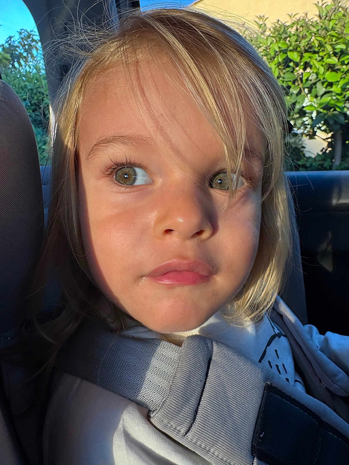Elio participe au concours pour gagner de l'argent avec cette photo : child, face, green_eyes, car_seat, seatbelt, blond_hair, sunlight, portrait, closeup, outdoor, nature, vehicle_interior, clothing, young_child, curious_expression, daylight, casual, person, seatbelt_strap, hair