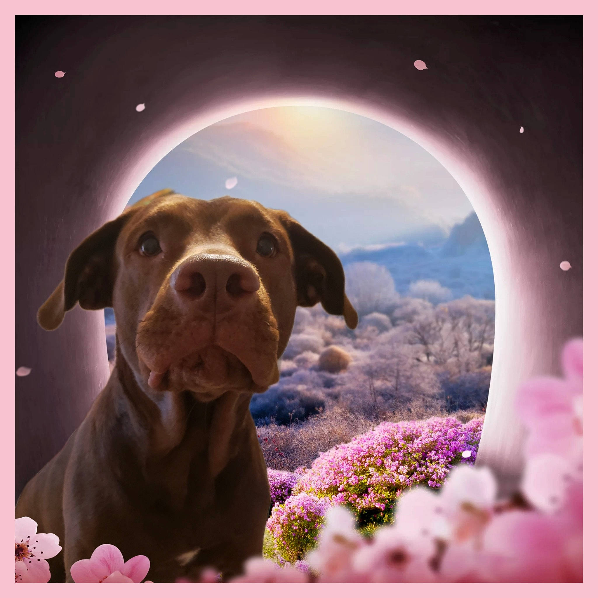 Maple is registered to the contest to win money with this photo: art, canidae, carnivore, companion_dog, dog, dog_breed, fawn, flower, gun_dog, illustration, landscape, liver, magenta, painting, petal, plant, sky, snout, sporting_group, working_animal
