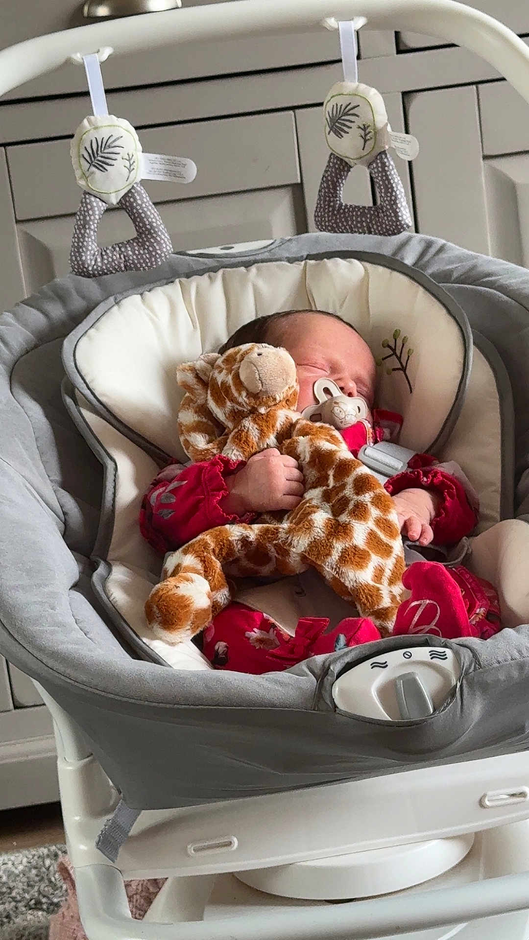 Willow joined the competition — help win amazing prizes! baby, sleeping, stuffed_animal, giraffe_toy, pacifier, baby_seat, red_clothing, cushion, infant, indoor, furniture, home, carpet, blanket, child, peaceful, soft_toy, face, hand, comfort