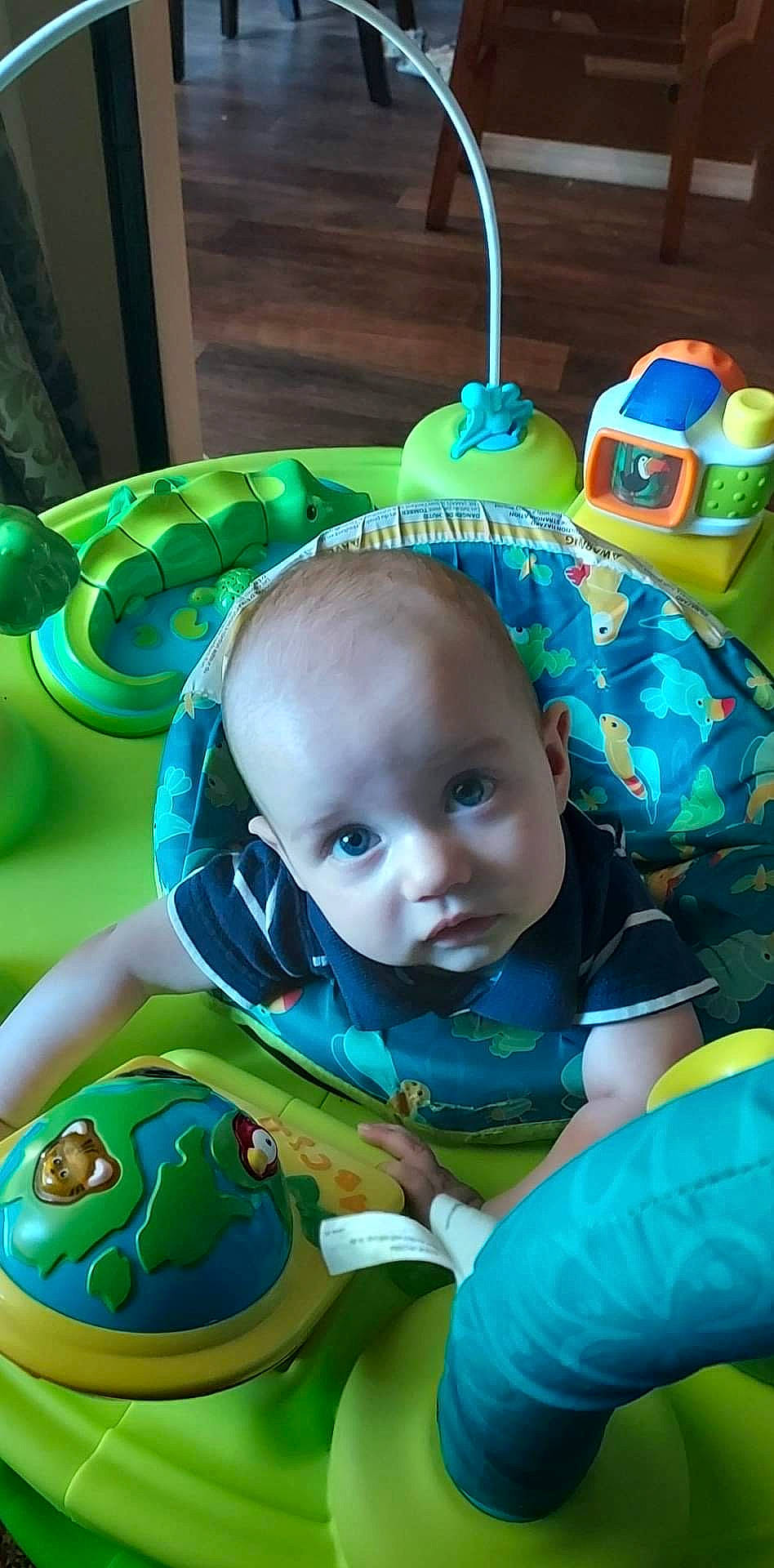 Erik is registered to the contest to win money with this photo: aqua, baby, baby_products, baby_toddler_clothing, baby_toys, blue, chair, child, fictional_character, fun, grass, green, happy, leisure, person, play, product, textile, toddler, tummy_time