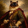 Moki is registered to the contest to win money with this photo: cat, portrait, costume, historical_clothing, scroll, cape, blue_eyes, feline, regal, noble, animal_portrait, dramatic_lighting, outdoor_background, trees, cloudy_sky, leather_belt, gloves, artistic, humorous, text_overlay