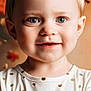 toddler, child, portrait, face, blue_eyes, smile, white_shirt, gold_polka_dots, short_hair, indoor, warm_lighting, autumn, blurred_background, cute, happy, young_child, closeup, person, head_and_shoulders, fashion