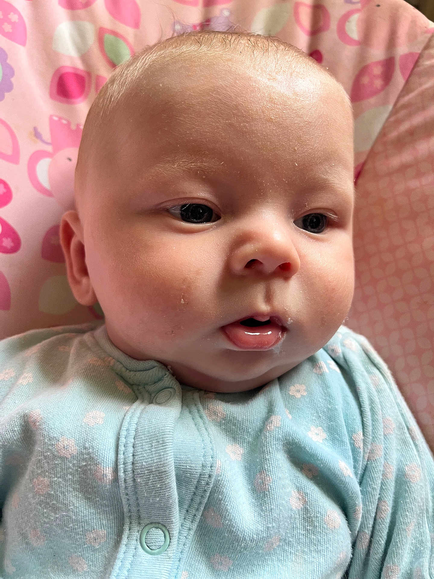 Dexter joined the competition — help win amazing prizes! baby, infant, face, child, onesie, blue_clothing, pink_background, patterned_background, closeup, portrait, chubby_cheeks, curious_expression, soft_skin, indoors, young_child, cute, person, head, small_child, sitting