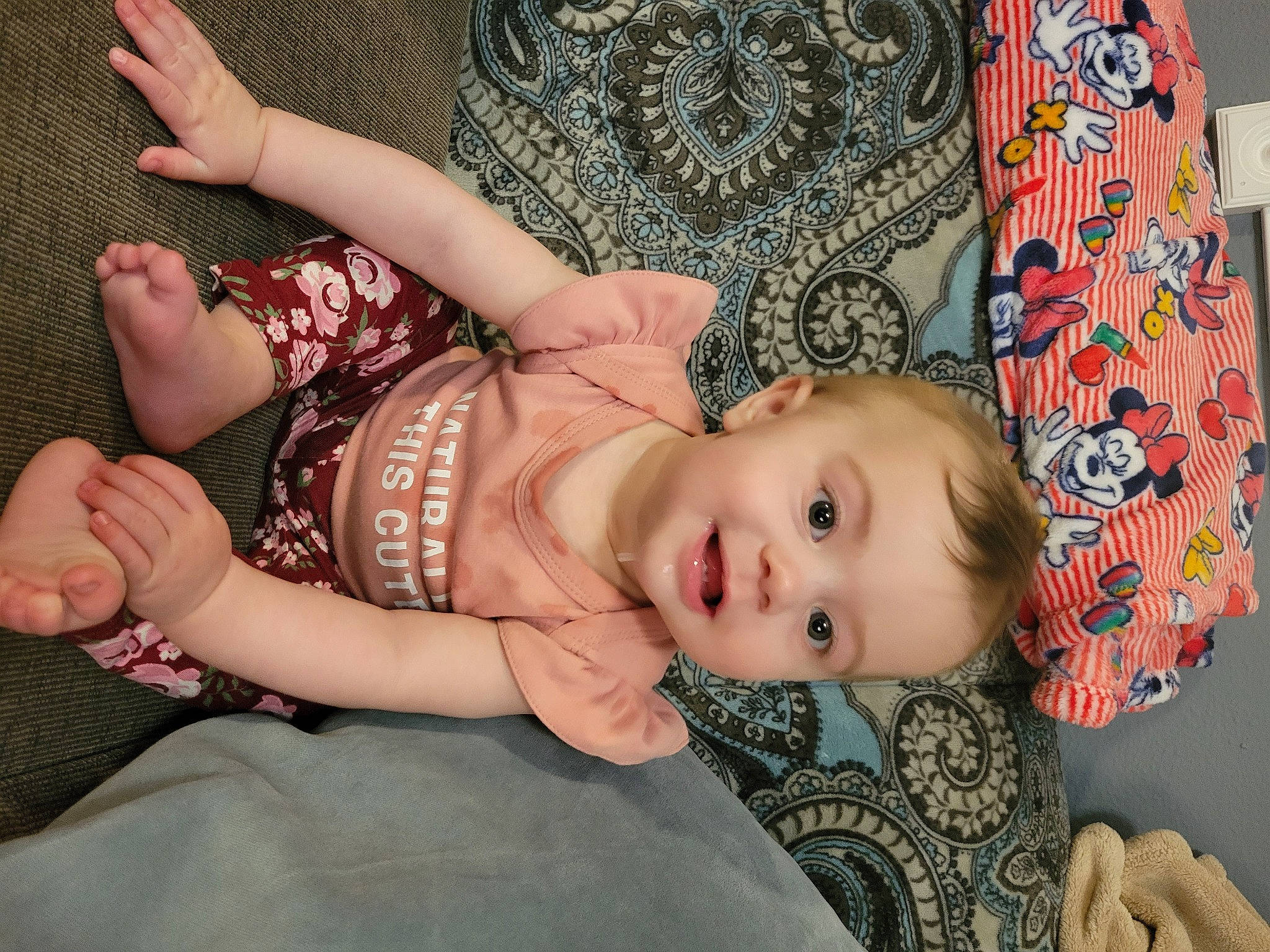 Sadie is registered to the contest to win money with this photo: abdomen, baby, baby_toddler_clothing, cheek, chest, child, eye, hand, head, human_body, human_leg, joy, leg, pattern, person, skin, textile, thigh, toddler, trunk