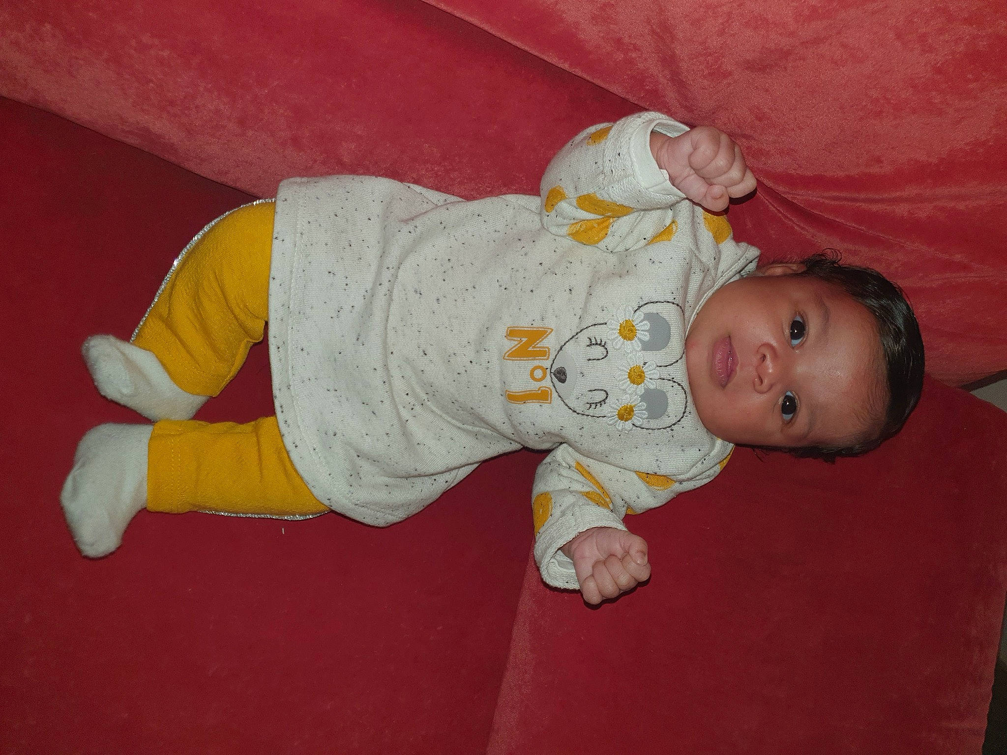 Lovaynna a rejoint le concours — aidez-le/la à gagner de superbes lots ! baby, baby_products, baby_toddler_clothing, cheek, child, comfort, facial_expression, finger, flooring, fun, human_body, lap, orange, person, pink, room, sitting, skin, sleeve, sock