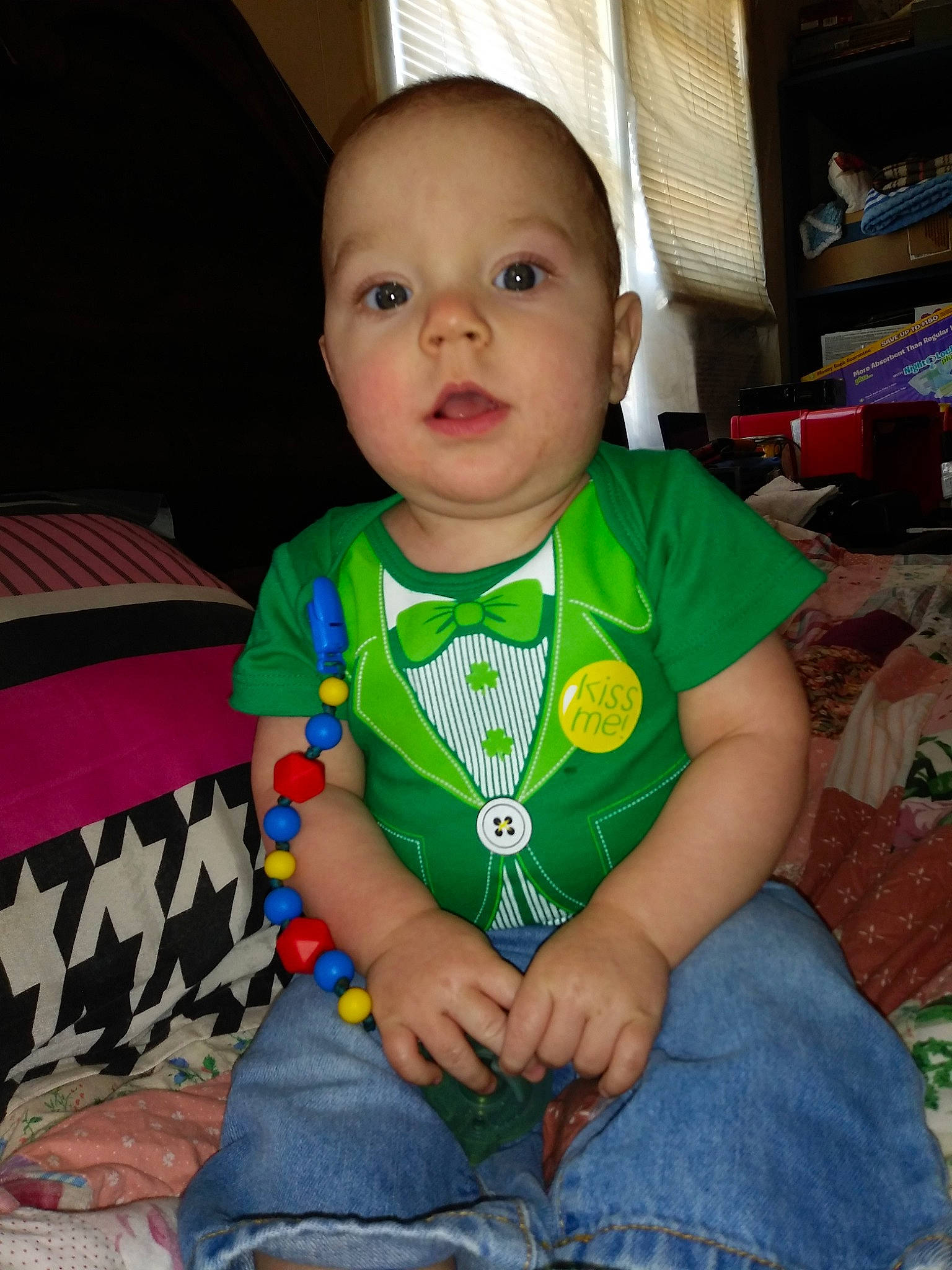 Clark joined the competition — help win amazing prizes! baby, cheek, child, eye, face, head, person, play, sitting, skin, smile, surprise, t_shirt, toddler