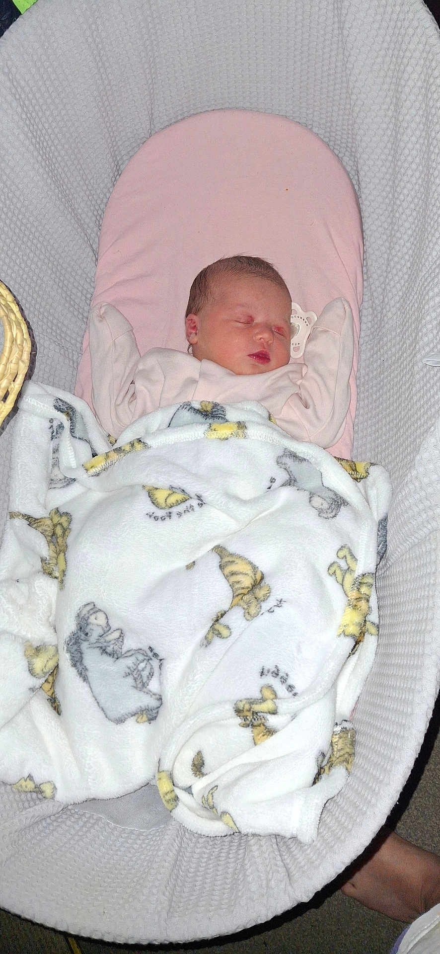 Matilda-Isla joined the competition — help win amazing prizes! newborn, baby, sleeping, blanket, bassinet, pink, cozy, animal_print, infant, peaceful, soft, child, cute, resting, indoors, person, portrait, baby_clothes, sleep, comfort