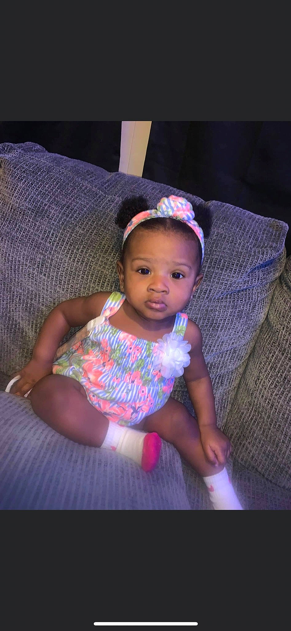 Mahalia joined the competition — help win amazing prizes! baby, baby_toddler_clothing, cap, couch, eyelash, fashion_accessory, flash_photography, fun, happy, headband, headpiece, jewellery, magenta, necklace, pattern, person, pink, purple, sitting, thigh