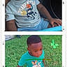 Aiden is registered to the contest to win money with this photo: child, toddler, boy, portrait, sunglasses, car, seated, outdoor, grass, standing, clothing, t_shirt, shorts, shoes, fashion, collage, photograph, smiling, face, playful