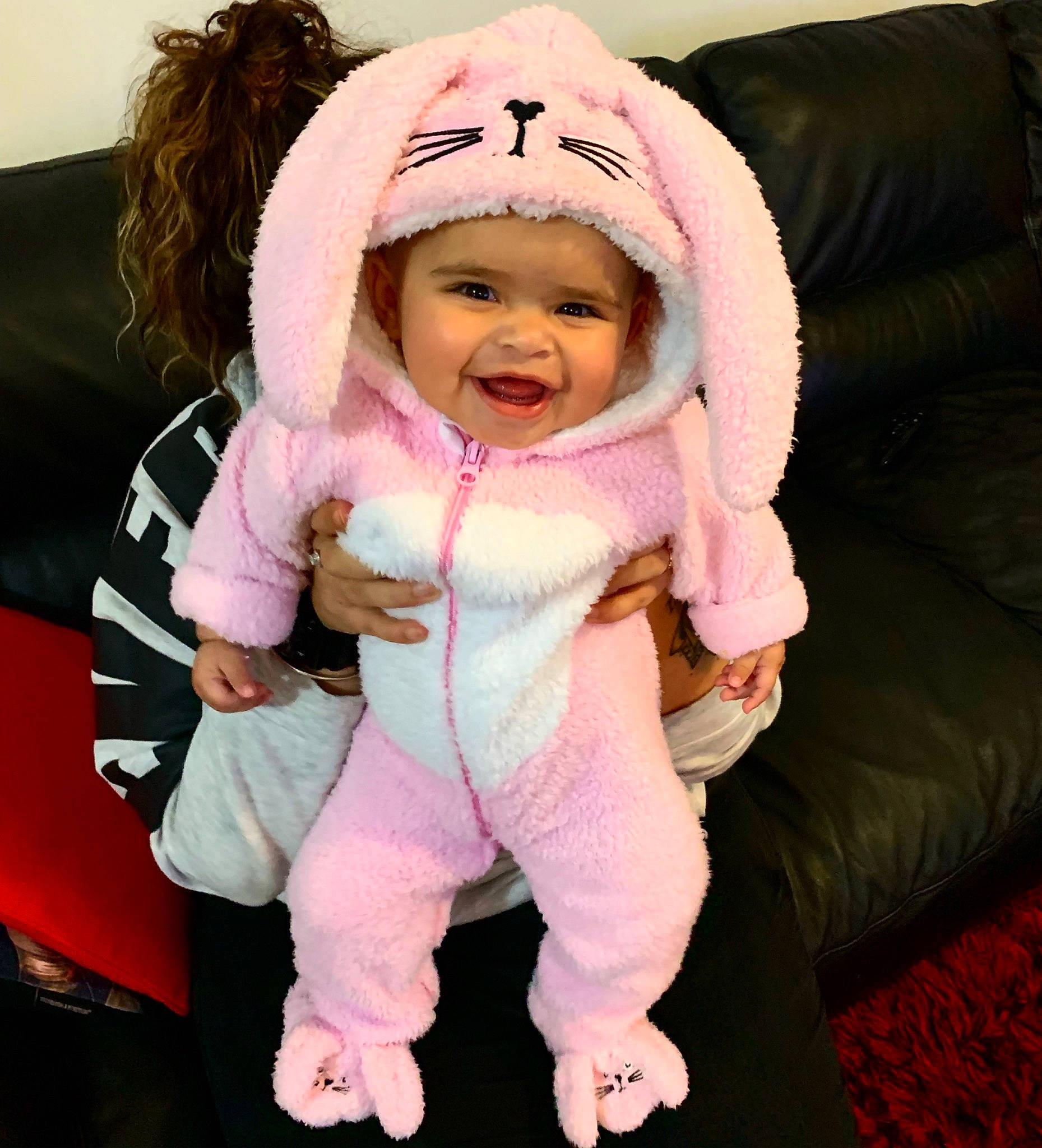 Lianna joined the competition — help win amazing prizes! baby, baby_laughing, cheek, child, costume, fun, fur, head, headgear, headwear, joy, laugh, person, pink, skin, smile, toddler