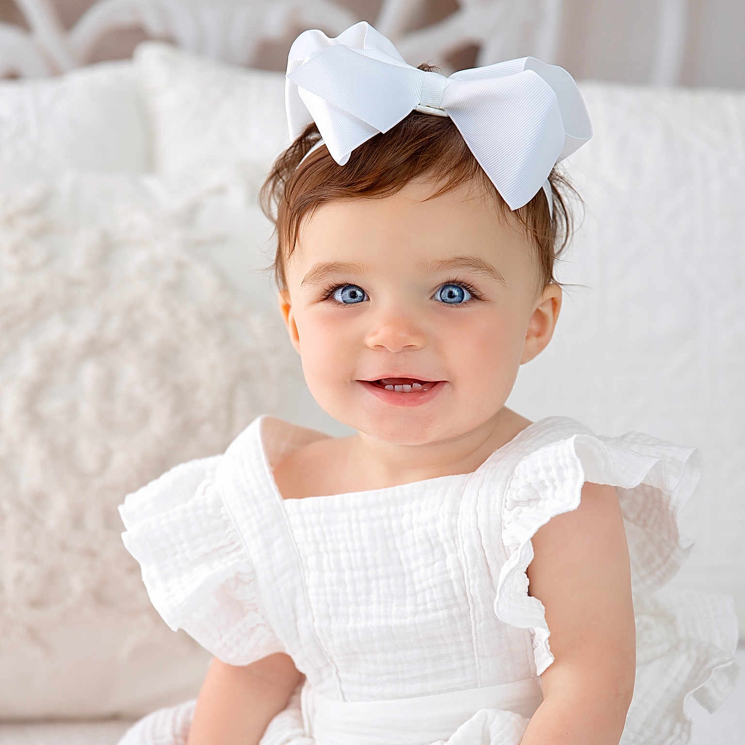 Sayge joined the competition — help win amazing prizes! accessories, baby, bowtie, clothing, couch, dress, face, fashion, formalwear, furniture, gown, happy, head, headband, person, photography, portrait, sleeve, smile, tie