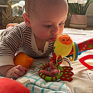 Mateo is registered to the contest to win money with this photo: baby, infant, play_mat, toy, teether, plush_toy, striped_clothing, hand, face, eyes, indoor, sunlight, potted_plant, mirror, reflection, blanket, floor, portrait, crawling, cozy