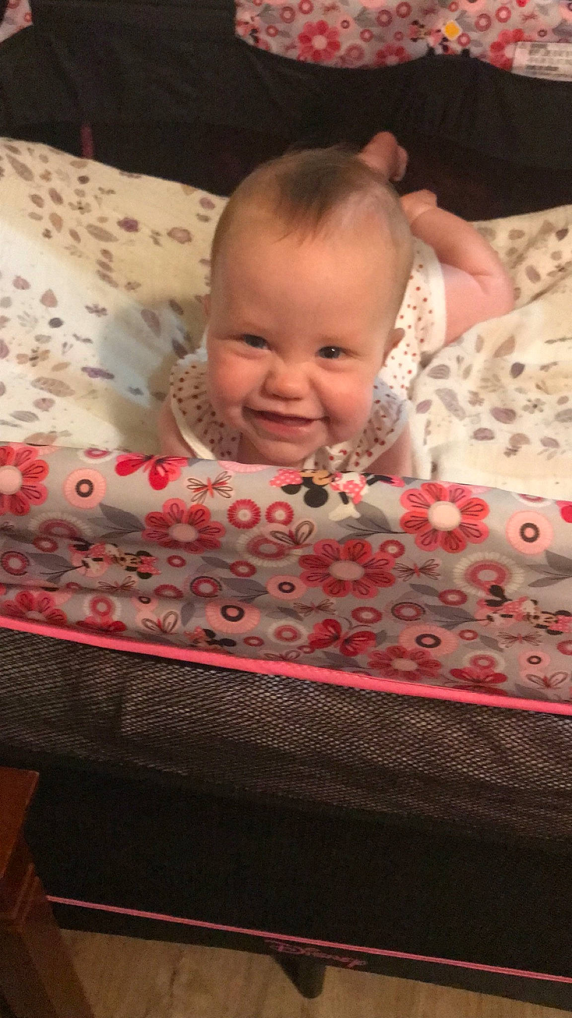 Carrie joined the competition — help win amazing prizes! baby, baby_products, blanket, cheek, child, face, furniture, head, infant_bed, joy, person, pink, product, skin, smile, textile, toddler