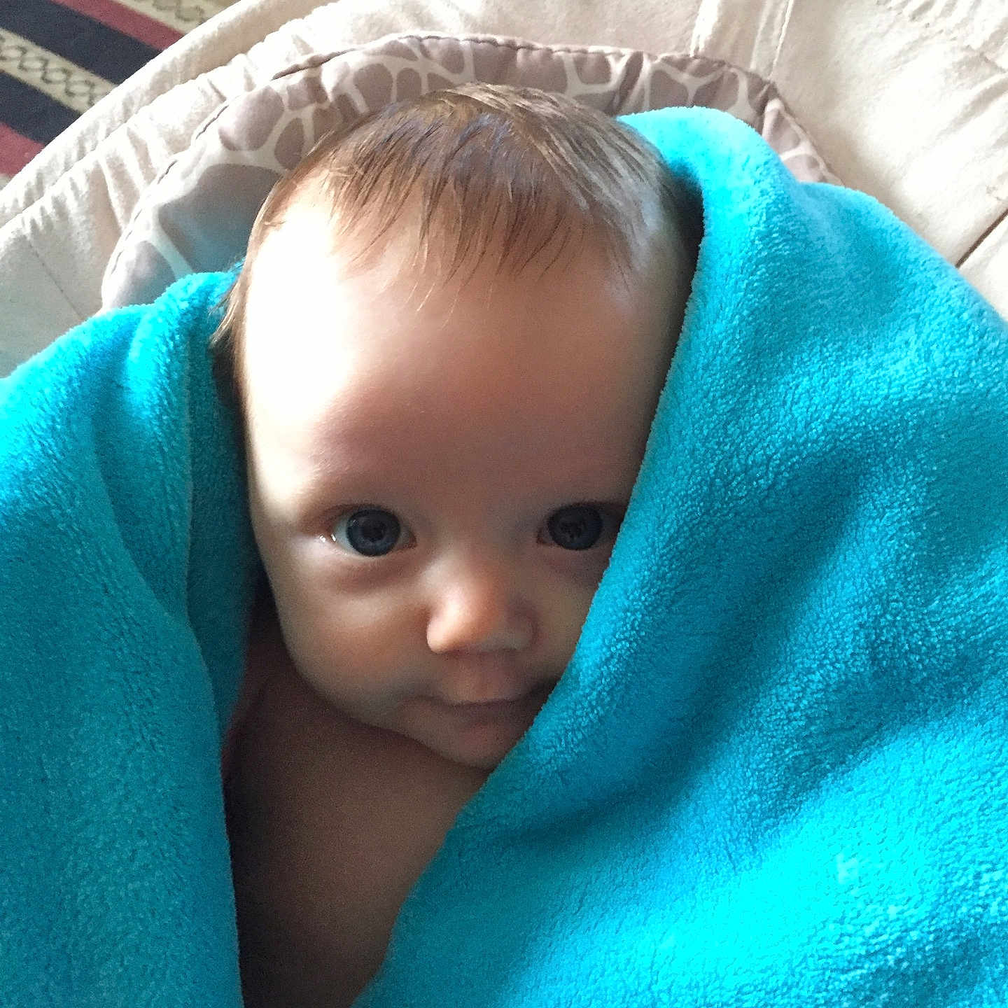 Arrow is registered to the contest to win money with this photo: blue, cheek, child, close_up, eye, face, girl, green, head, infant, iris, mouth, nose, skin, smile, toddler, turquoise