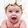 baby, child, smile, flower_crown, happy, cute, face, portrait, infant, skin, head, eyes, mouth, cheeks, arm, background, pink, white, soft, adorable