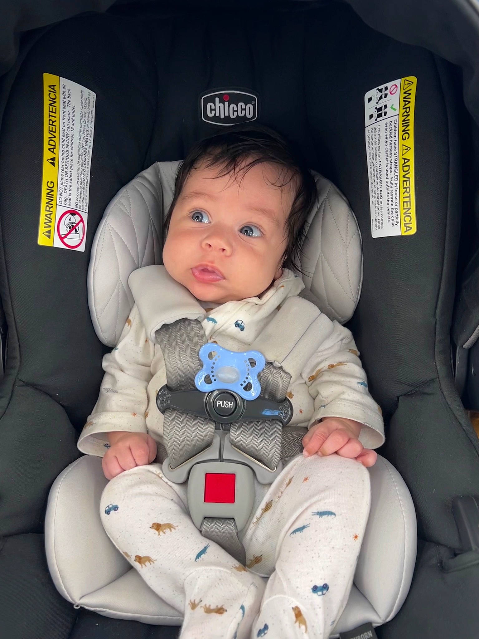 Emery is registered to the contest to win money with this photo: auto_part, baby, baby_carriage, baby_in_car_seat, baby_products, baby_safety, baby_toddler_clothing, bag, car_seat, car_seat_cover, carmine, child, comfort, family_car, head_restraint, lap, motor_vehicle, person, seat_belt, sitting