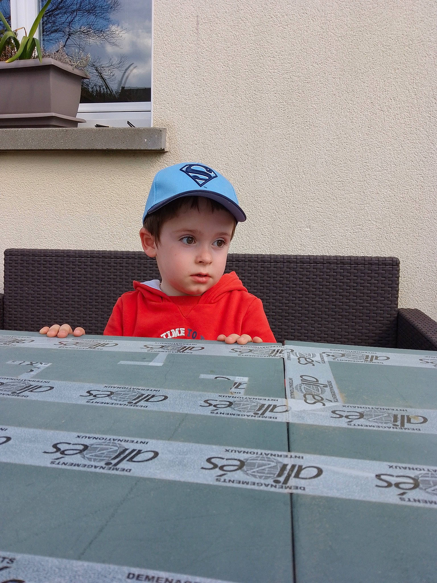 Elouene a rejoint le concours — aidez-le/la à gagner de superbes lots ! asphalt, baseball_cap, box, cap, carmine, child, concrete, electric_blue, fun, houseplant, person, personal_protective_equipment, plant, play, recreation, rectangle, shipping_box, sitting, t_shirt, toddler