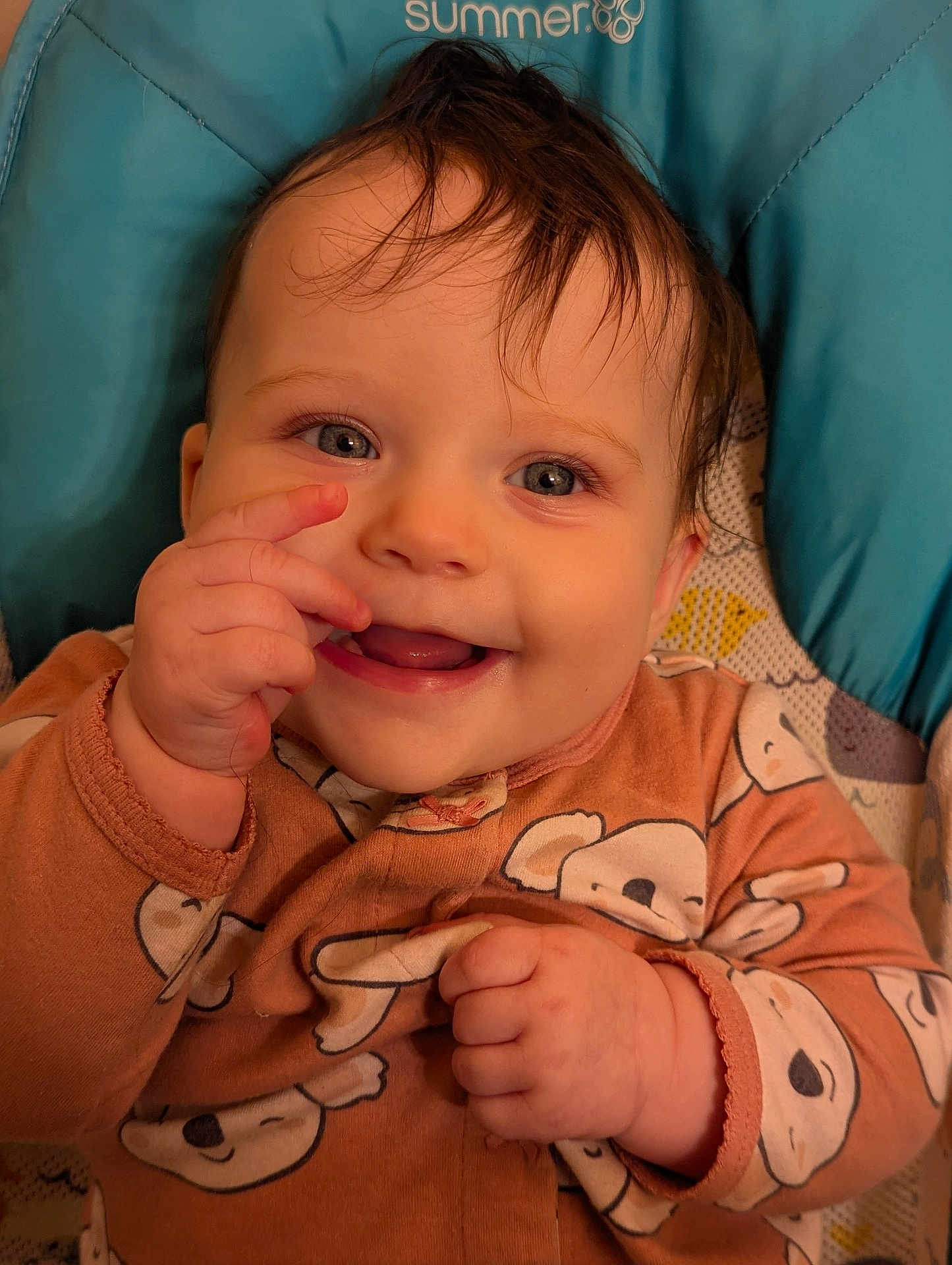 Violet joined the competition — help win amazing prizes! baby, child, smiling, face, hand, blue_background, onesie, koala_print, happy, toddler, cute, portrait, infant, clothing, sitting, closeup, expression, hair, person, indoors