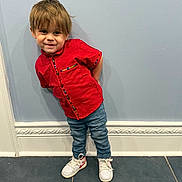 Jahziel joined the competition — help win amazing prizes! child, toddler, red_shirt, blue_jeans, white_sneakers, smiling, standing, indoor, playful, casual_clothing, hair, wall, floor, tile_floor, portrait, cute, young_child, happy, person, footwear