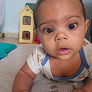 Matheo Isaias is registered to the contest to win money with this photo: baby, infant, face, eyes, portrait, closeup, onesie, toddler, hands, indoor, toy_house, mattress, curious, gaze, cute, skin, cheeks, nose, expression, photography