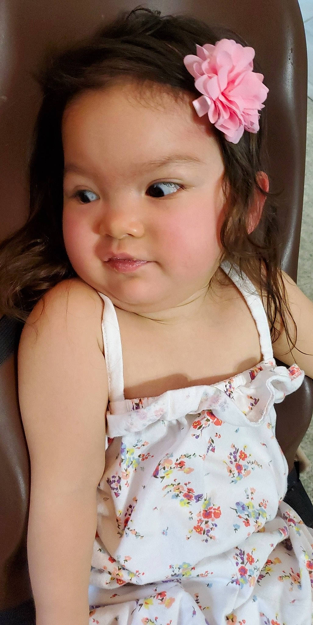 Emmaleigh joined the competition — help win amazing prizes! baby, beauty, brown_hair, cheek, child, child_model, dress, eye, face, fashion_accessory, flower, hair_accessory, headband, lip, nose, person, pink, plant, skin, smile