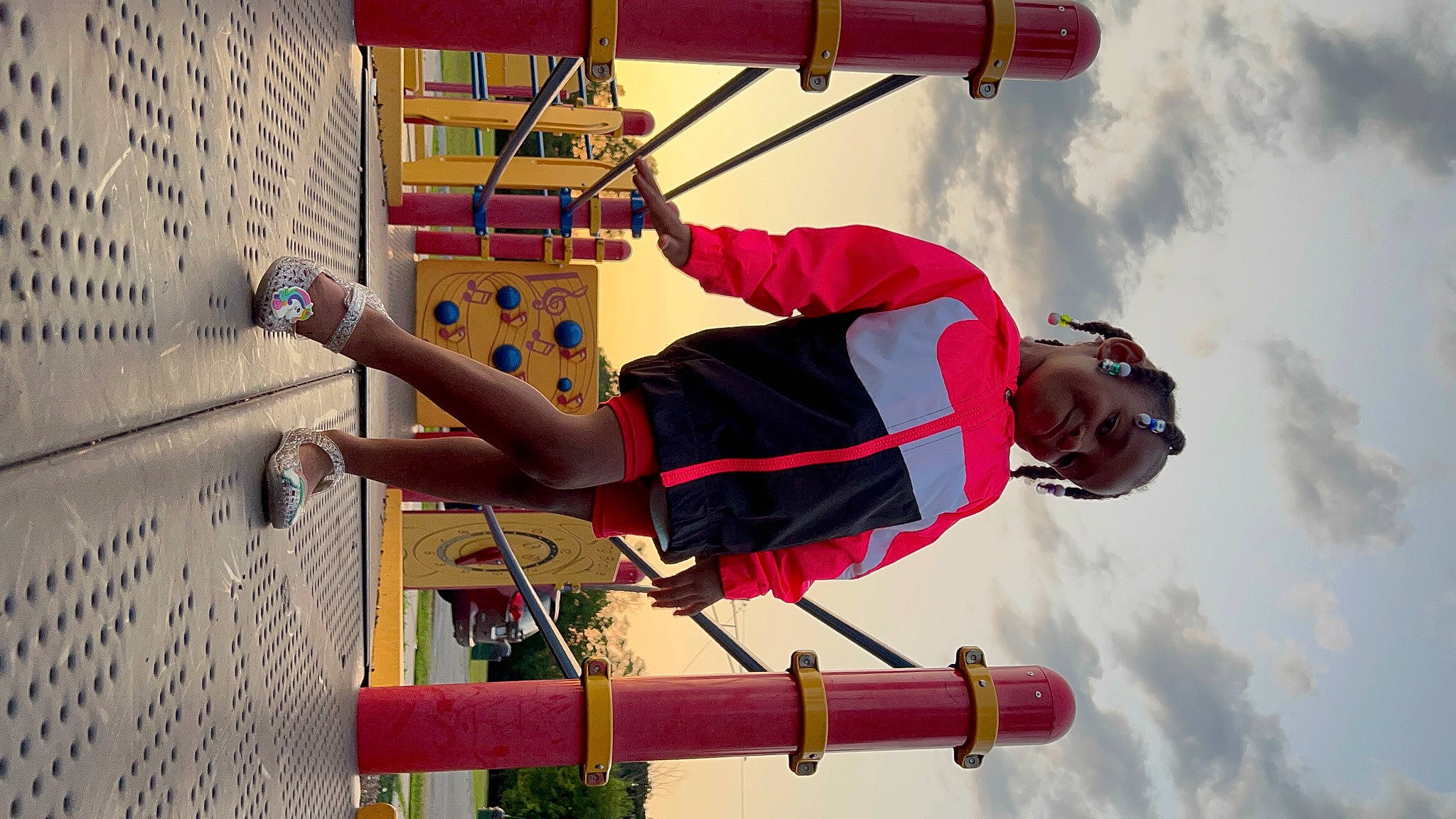 Enari joined the competition — help win amazing prizes! adventure, arm, balance, cloud, elbow, fun, happy, joy, knee, leisure, outdoor_play_equipment, person, recreation, red, shorts, sky, sports, t_shirt