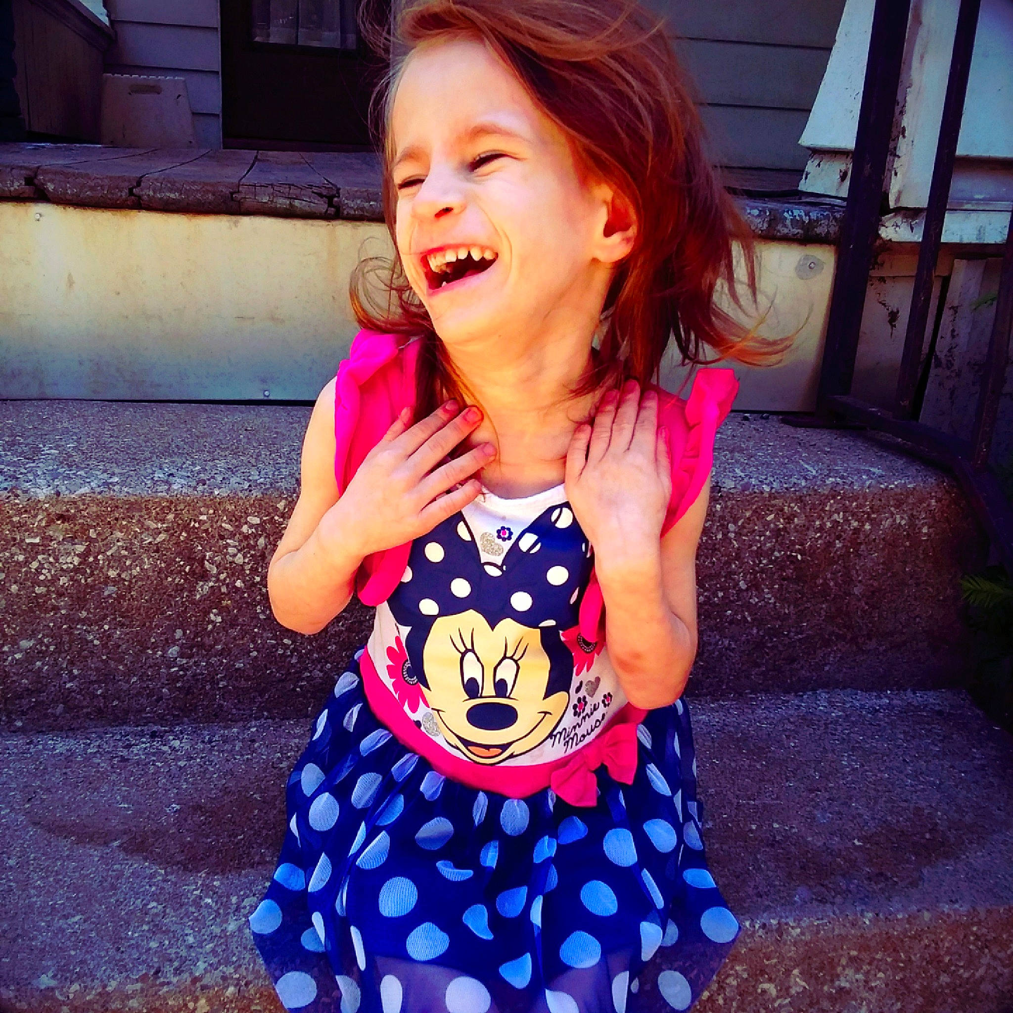 Airabella is registered to the contest to win money with this photo: beauty, child, cool, design, dress, face, facial_expression, happy, laugh, mouth, pattern, person, pink, polka_dot, sleeve, smile, summer, t_shirt, toddler, tongue