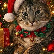 Sheeba is registered to the contest to win money with this photo: cat, tabby, santa_hat, christmas_lights, holiday, festive, bells, holly, collar, present, gift, ornament, pine_branches, red, green, decorations, close_up, portrait, animal, cute
