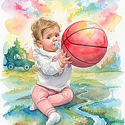 Amari joined the competition — help win amazing prizes! child, baby, toddler, watercolor_painting, painting, pacifier, basketball, ball, toy_car, sitting, pink_pants, white_shirt, colorful, sky, grass, river, playful, portrait, artistic, paint_splatter