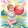 child, baby, toddler, watercolor_painting, painting, pacifier, basketball, ball, toy_car, sitting, pink_pants, white_shirt, colorful, sky, grass, river, playful, portrait, artistic, paint_splatter