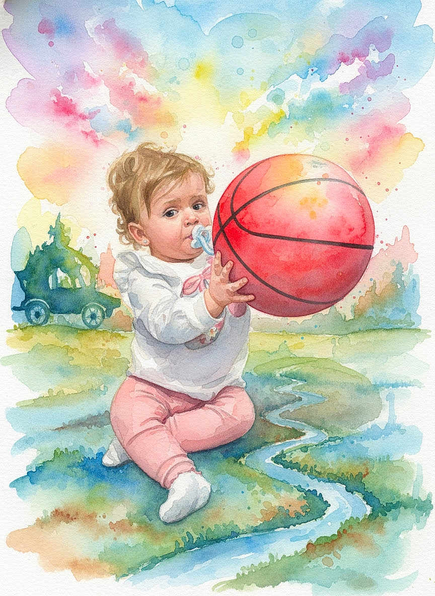 Amari joined the competition — help win amazing prizes! child, baby, toddler, watercolor_painting, painting, pacifier, basketball, ball, toy_car, sitting, pink_pants, white_shirt, colorful, sky, grass, river, playful, portrait, artistic, paint_splatter