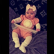 Rylie joined the competition — help win amazing prizes! baby, infant, pink_outfit, headband, bow, sitting, blanket, cozy, texture, polka_dots, white_socks, curious_expression, indoor, child, cute, soft_lighting, portrait, fabric, patterned_blanket, toddler