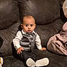 Ezeriel is registered to the contest to win money with this photo: baby, bow_tie, child, couch, curious, expression, furniture, home, indoor, living_room, pants, person, portrait, shoes, sitting, sofa, toddler, vest, white_shirt, young_child