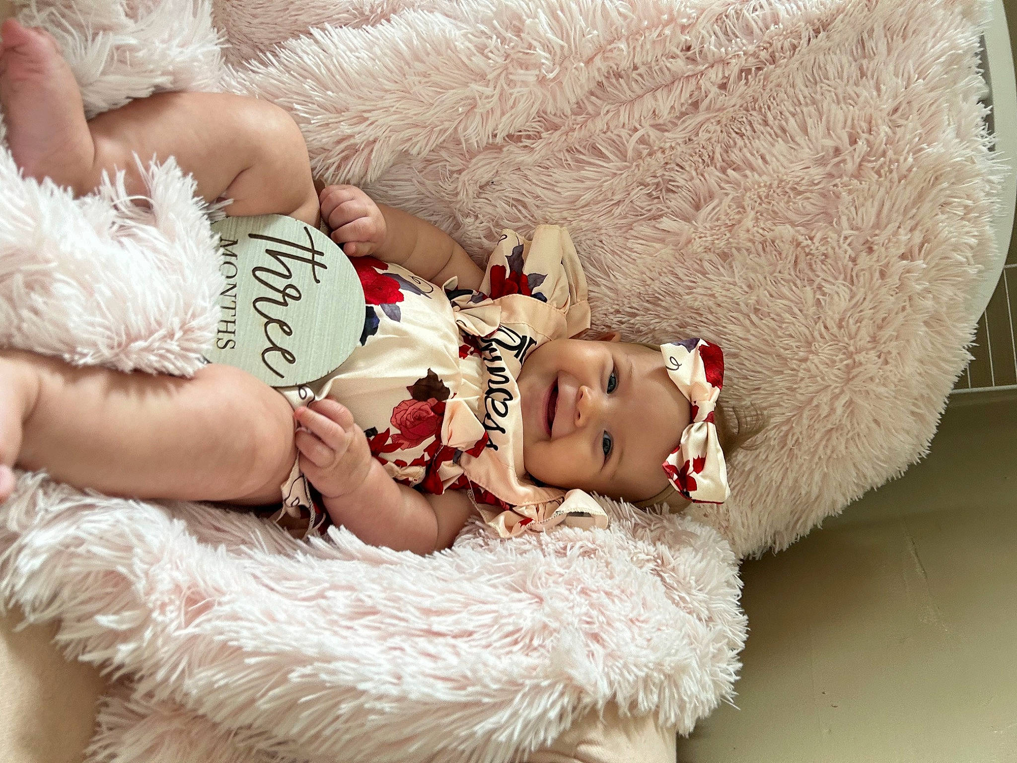 Adalynn is registered to the contest to win money with this photo: child, doll, dress, embellishment, eye, eyelash, fashion_design, fawn, hand, happy, headgear, headpiece, headwear, human_body, jewellery, joy, leg, person, pink, skin