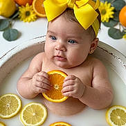 Zamara is registered to the contest to win money with this photo: baby, child, infant, yellow_bow, headband, orange_slice, lemon_slice, milk_bath, fruit, flower, yellow_flower, water, skin, cute, portrait, sitting, hand, face, blue_eyes, earrings