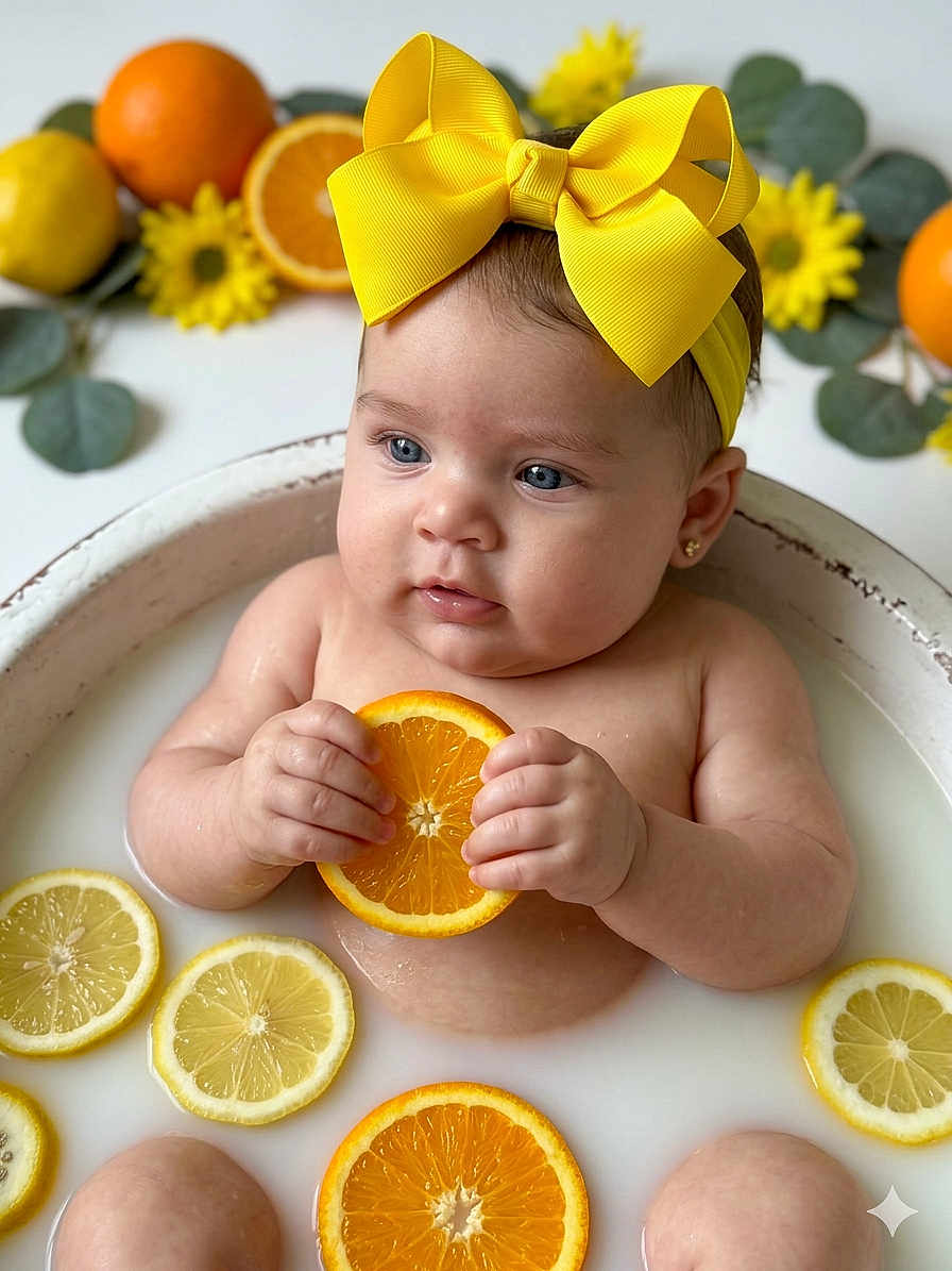 Zamara is registered to the contest to win money with this photo: baby, child, infant, yellow_bow, headband, orange_slice, lemon_slice, milk_bath, fruit, flower, yellow_flower, water, skin, cute, portrait, sitting, hand, face, blue_eyes, earrings