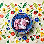 baby, newborn, sleeping, bowl, blue_blanket, headband, white_clothing, paper_flowers, colorful, leaves, artistic, floral_arrangement, cute, peaceful, infant, decorative, background, soft, portrait, studio_photo