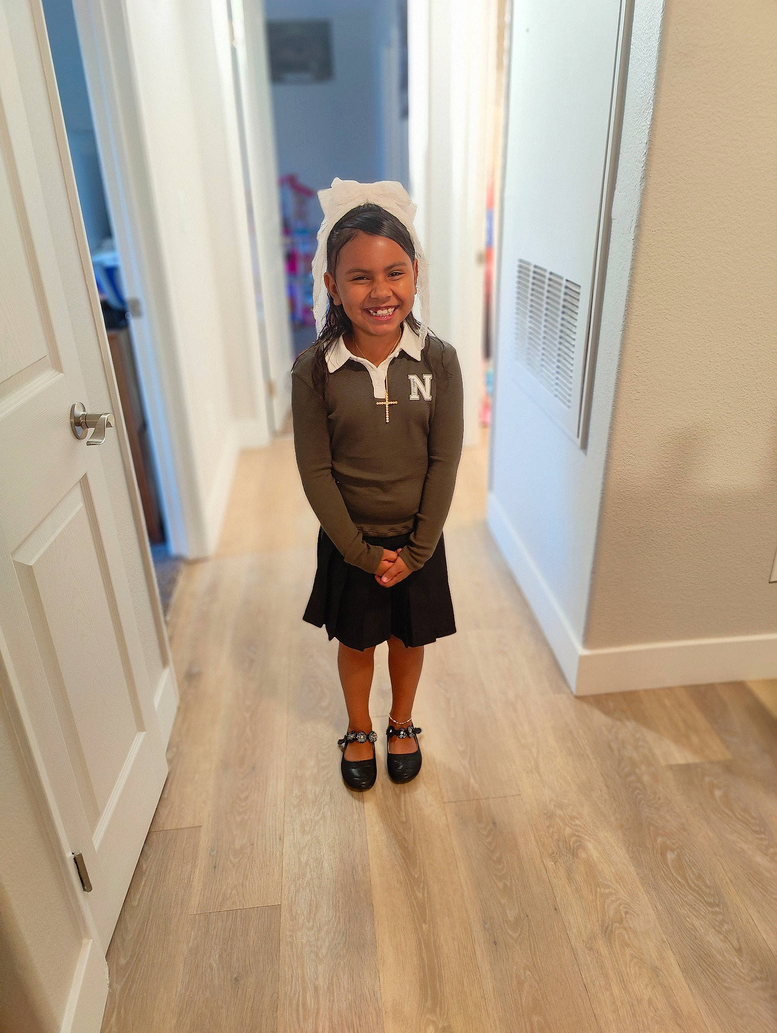 Lilly joined the competition — help win amazing prizes! baby_toddler_clothing, child, door, electric_blue, floor, flooring, hardwood, home_door, house, joy, knee, laminate_flooring, person, room, sleeve, smile, stairs, toddler, varnish, wood