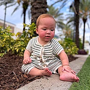 Gael is registered to the contest to win money with this photo: baby, child, outdoor, garden, plant, mulch, pathway, greenery, palm_tree, curious, sitting, foot, hand, short_sleeve, striped_clothing, nature, daylight, portrait, cute, infant