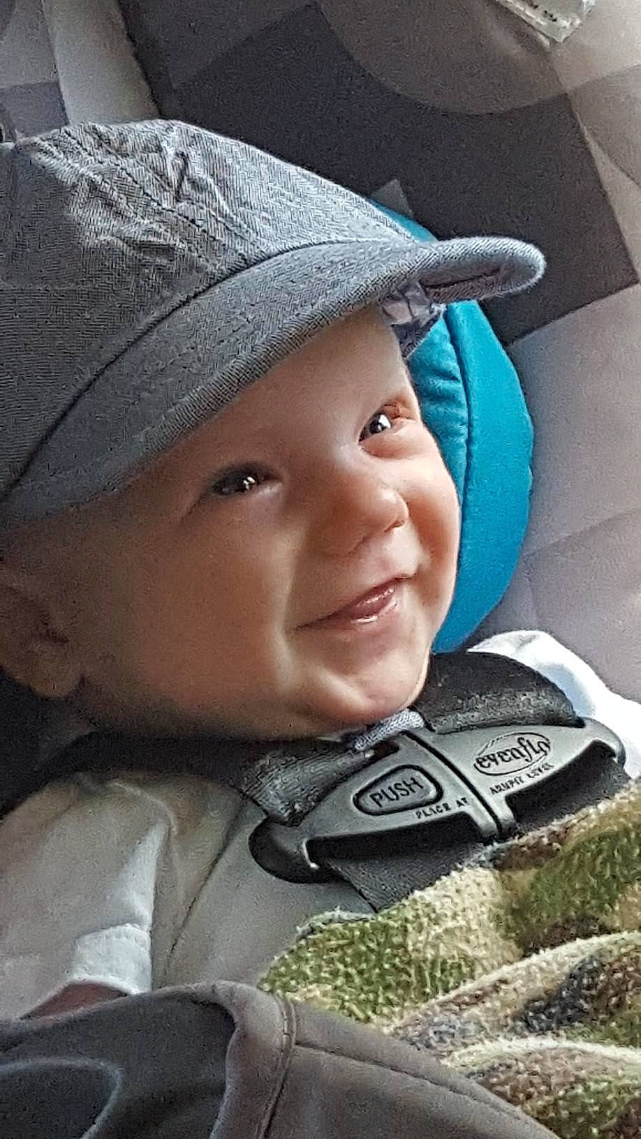 Kamden is registered to the contest to win money with this photo: boy, cap, child, cool, eye, girl, hat, head, headgear, headwear, infant, joy, person, product, smile, sun_hat, toddler