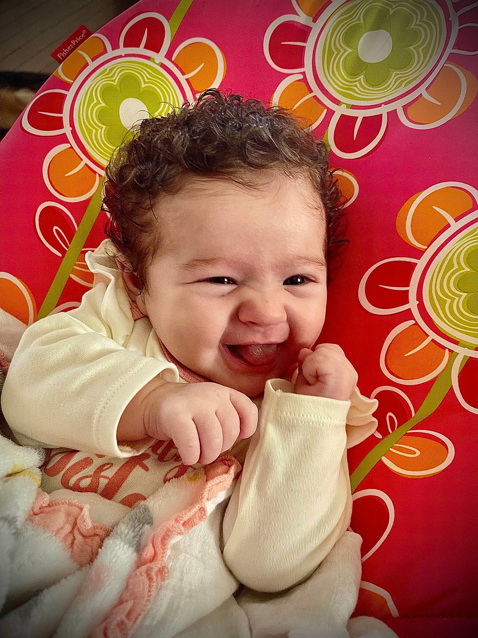 Haislee joined the competition — help win amazing prizes! baby, baby_toddler_clothing, cheek, child, face, facial_expression, finger, fun, gesture, happy, human, lip, mouth, nose, organ, person, pink, skin, smile, toddler