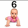 baby, infant, crawling, pink_clothing, onesie, blue_eyes, number_six, white_background, child, cute, portrait, hands, curious, expression, skin, head, face, young, studio_photo, isolated