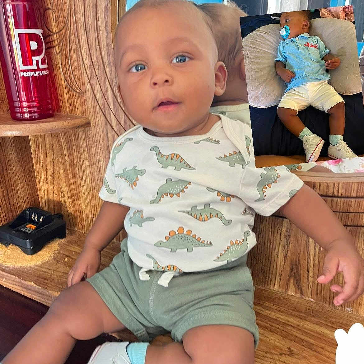 Asher joined the competition — help win amazing prizes! baby, can, clothing, couch, cushion, face, furniture, hardwood, head, person, photobombing, photography, portrait, shorts, sitting, sleeve, stainedwood, t_shirt, tin, wood