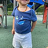 child, toddler, smiling, playground, blue_tshirt, white_shorts, blue_shoes, outdoor, play_equipment, happy, person, short_hair, grass, fence, daylight, casual_clothing, standing, park, cute, fun