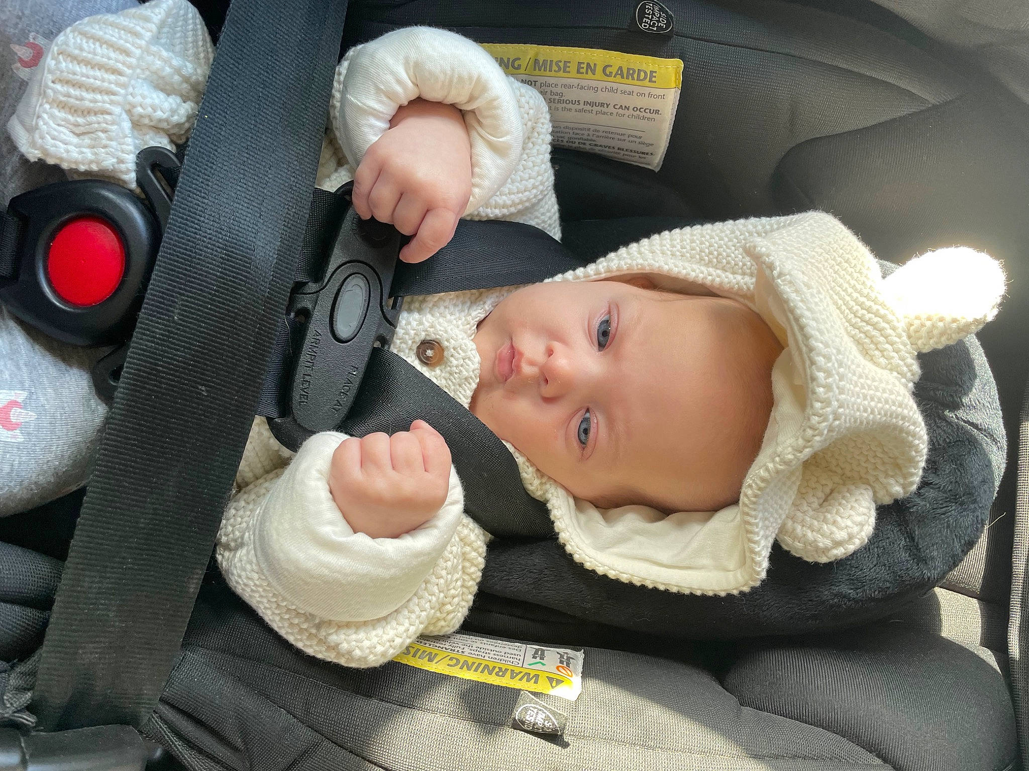 Ella-mae joined the competition — help win amazing prizes! auto_part, baby, baby_carriage, baby_in_car_seat, baby_products, baby_safety, baby_toddler_clothing, cap, car_seat, cheek, child, comfort, finger, helmet, knit_cap, person, personal_protective_equipment, seat_belt, sitting, skin