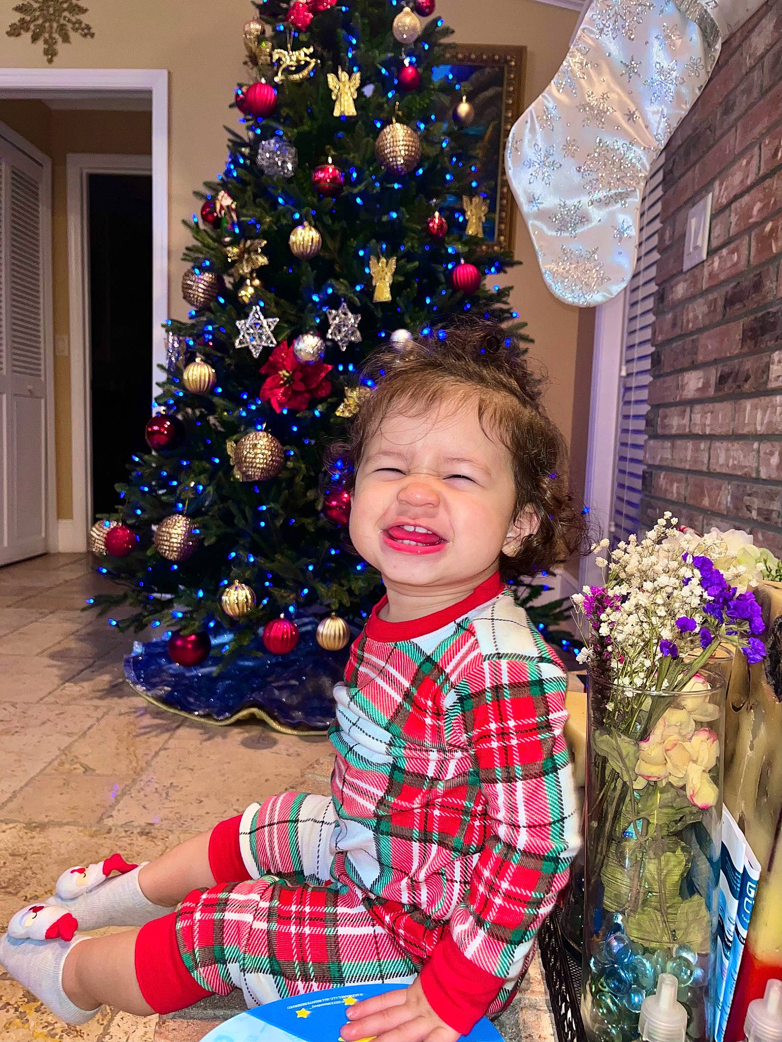 Julissa joined the competition — help win amazing prizes! blue, christmas_decoration, christmas_ornament, christmas_tree, facial_expression, fun, green, happy, holiday_ornament, light, person, photograph, plaid, plant, red, smile, standing, tartan, toddler, tree