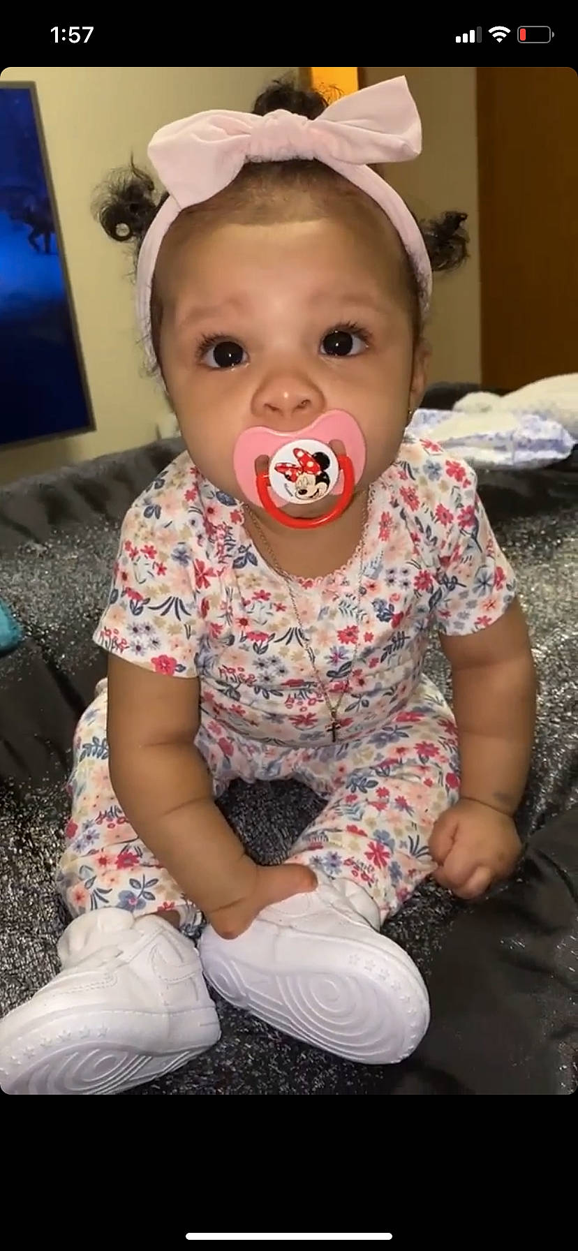 Londynn is registered to the contest to win money with this photo: baby, baby_toddler_clothing, cheek, child, eyelash, fun, happy, head, iris, lip, mouth, nose, pattern, person, sitting, skin, sleeve, t_shirt, toddler