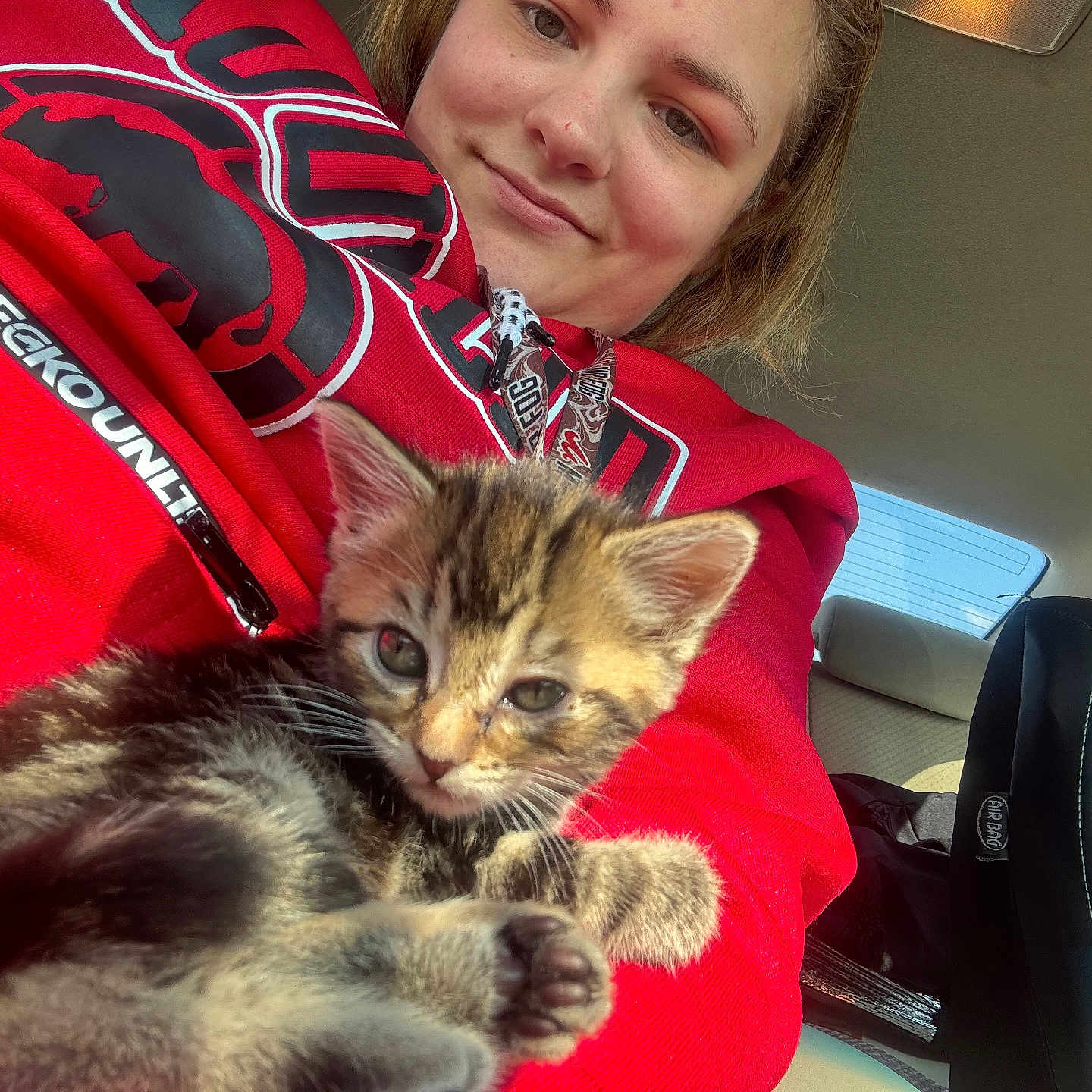 Stormy Mae is registered to the contest to win money with this photo: animal, car_interior, casual, cat, closeup, cozy, cute, daylight, feline, indoor, kitten, person, pet, red_hoodie, seat, seatbelt, seated, smile, window, young_adult